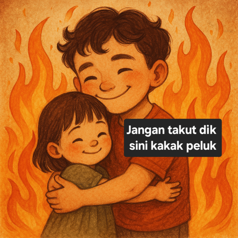 anak yang merangkul adiknya dengan senyum, dengan api di sekitarnya tetapi tidak terlihat seperti terbakar